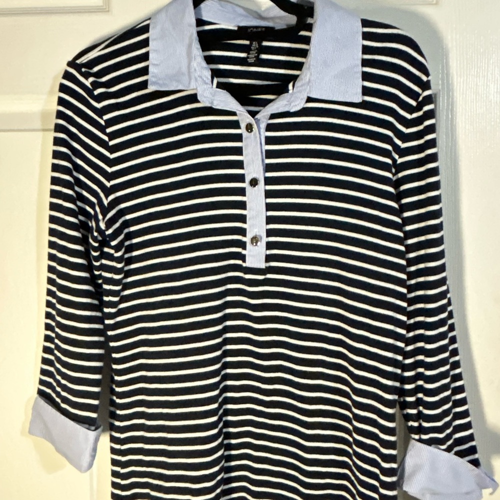 Jones New York Navy and White Striped Top‎